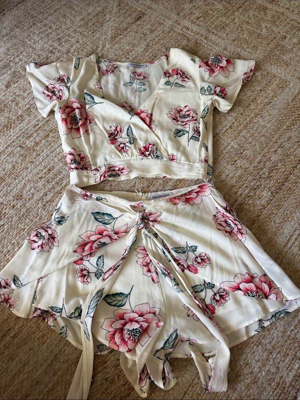 Fashion Nova Cream and Pink Floral Two-Piece Set